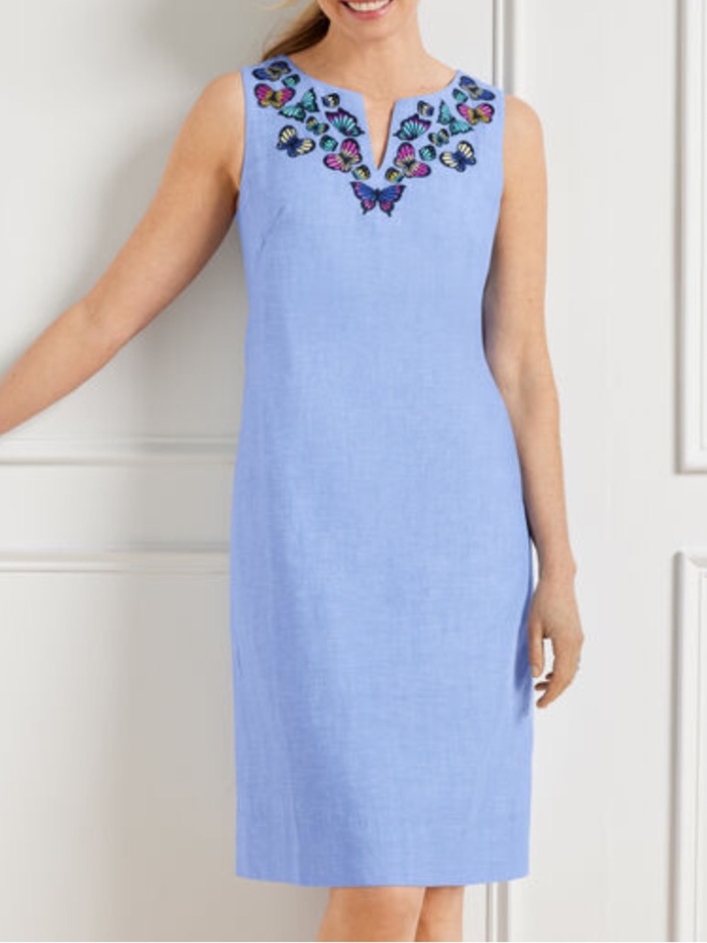 Talbots Sz 16W Blue Sleeveless Embroidered Butterfly Linen Blend Shift Dress NWT